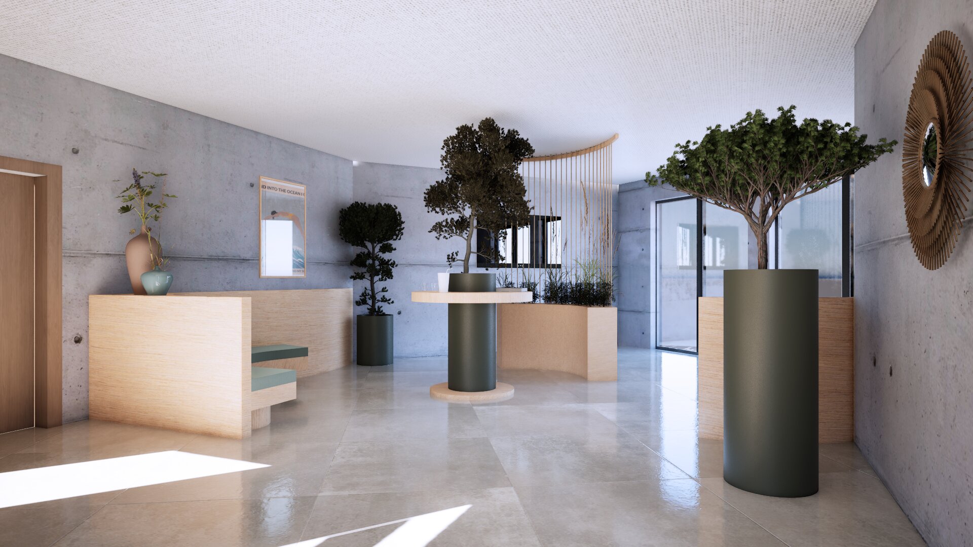 Rendu 3D du hall : banquettes et pots de plantes TUBO