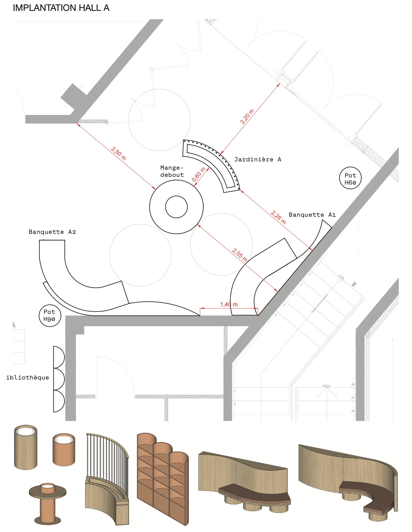 Plan d’implantation du hall A et mobilier
