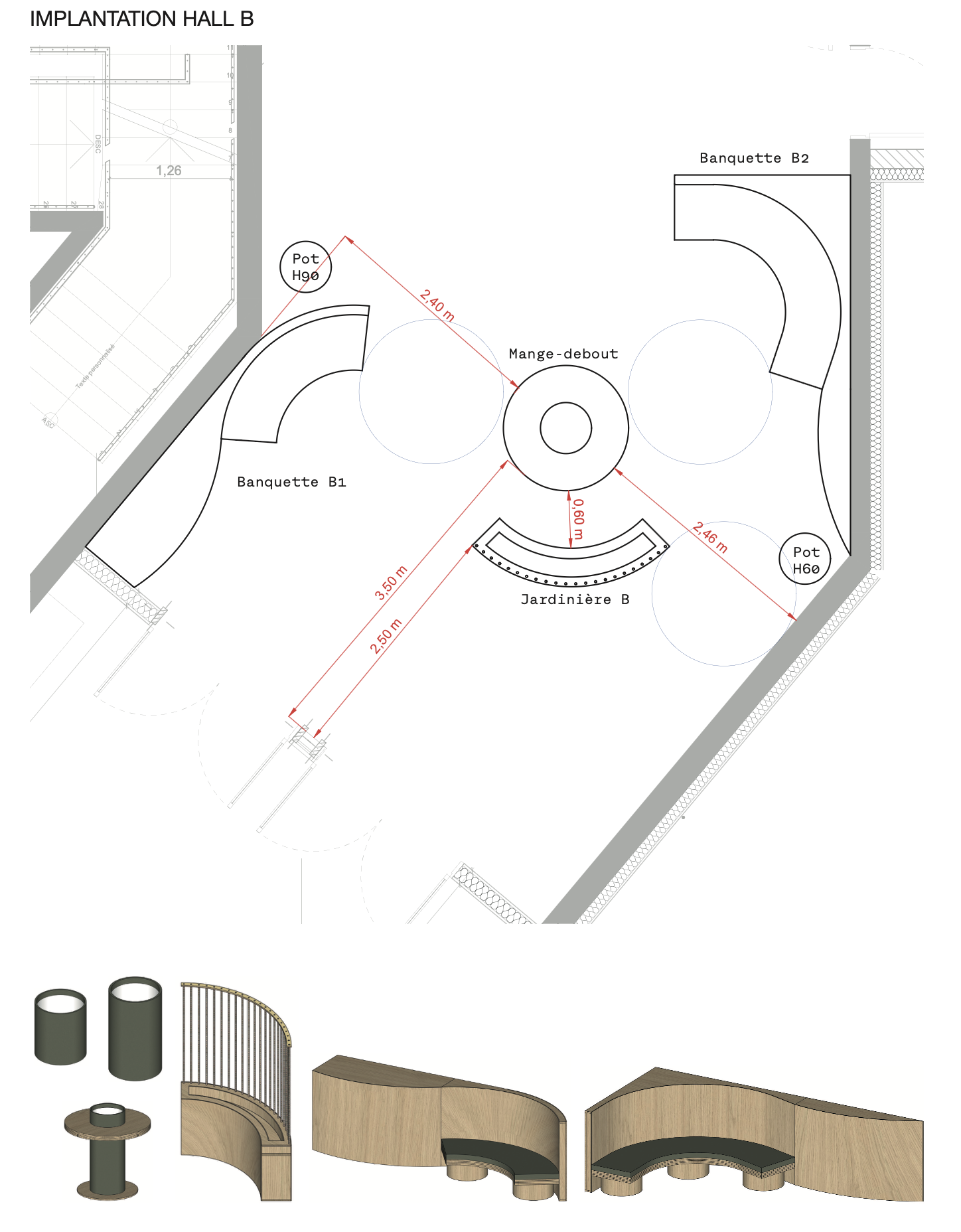 Plan d’implantation du hall B et mobilier