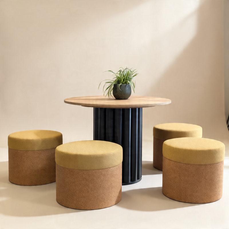 Poufs ronds TUBO en liège et table CALHA