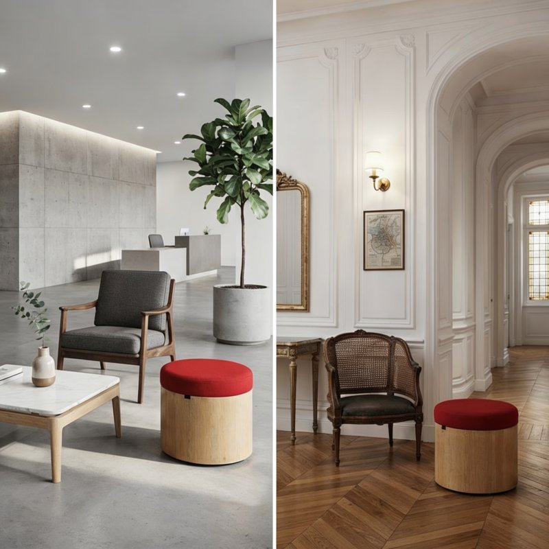 Pouf rond TUBO en salle de reception